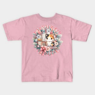 Meowy Catmas Wreath Pawsatively Purrfect 1C2 Kids T-Shirt